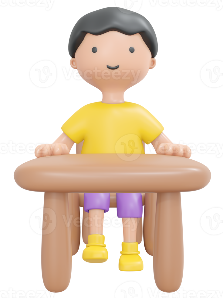 3D Rendering happy boy sitting on desk study in school classroom cartoon style. 3D Render illustration. png