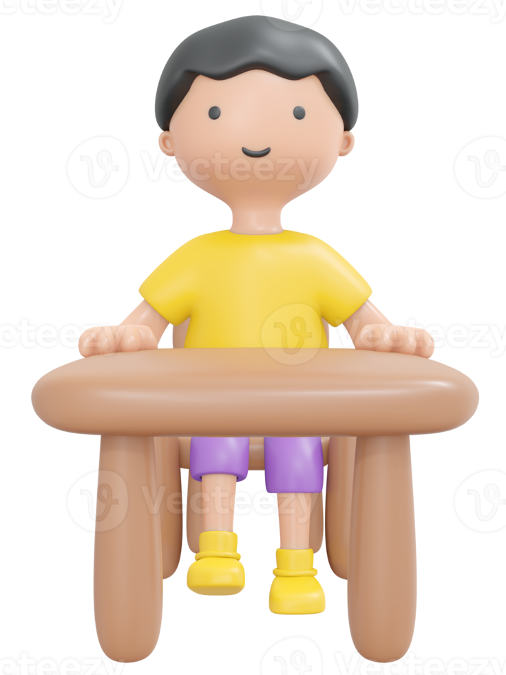 3D Rendering happy boy sitting on desk study in school classroom cartoon style. 3D Render illustration. png