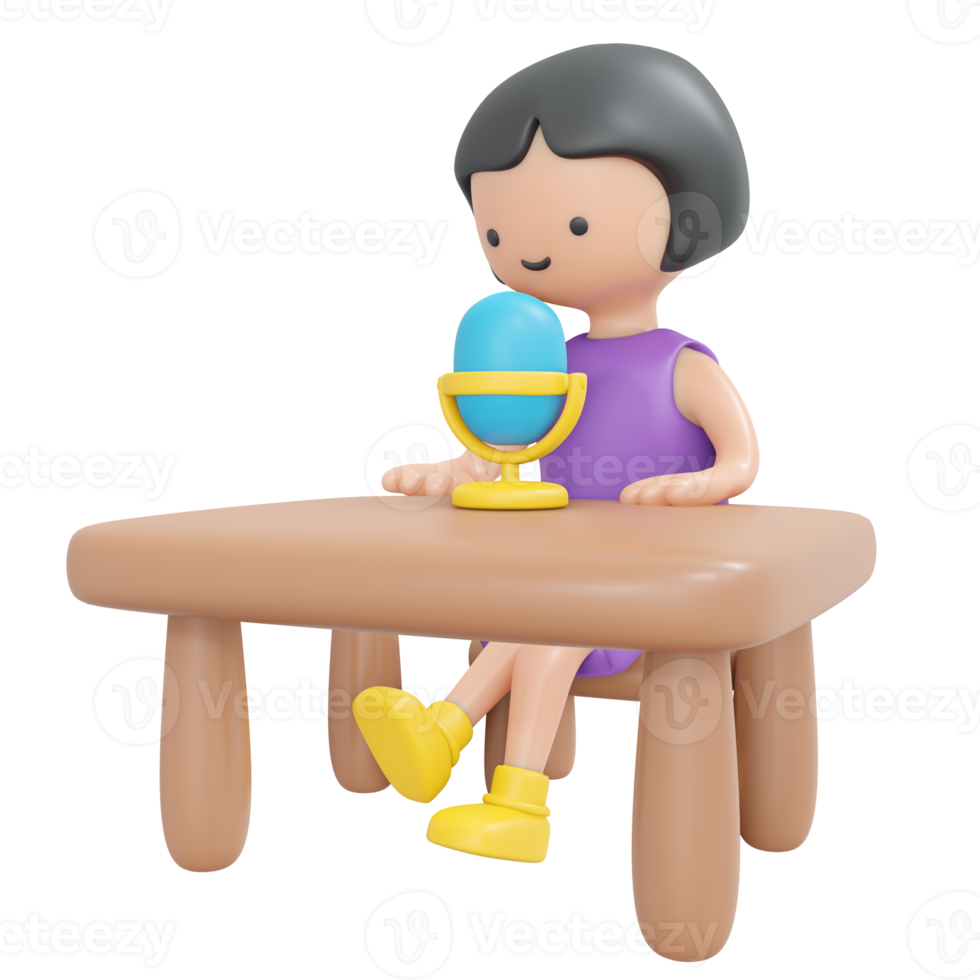 3D Rendering happy girl sitting and speaking on microphone cartoon style. 3D Render illustration. png