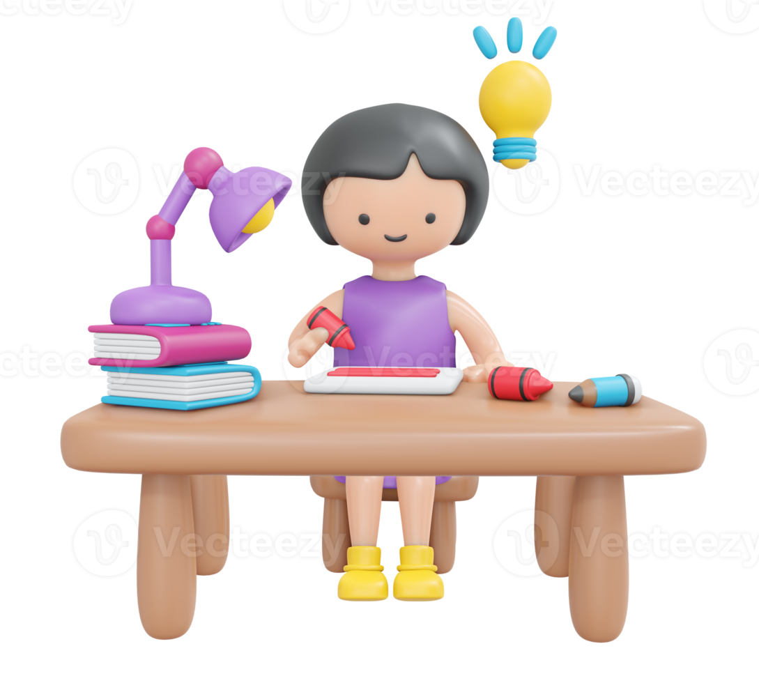 3d representación contento niña sentado en escritorio estudiar deberes dibujos animados estilo. 3d hacer ilustración. png