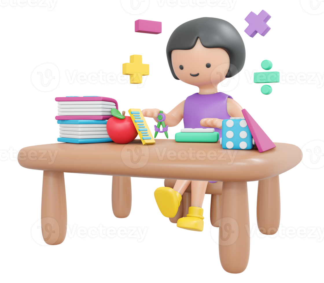 3D Rendering happy girl studying math cartoon style. 3D Render illustration. png