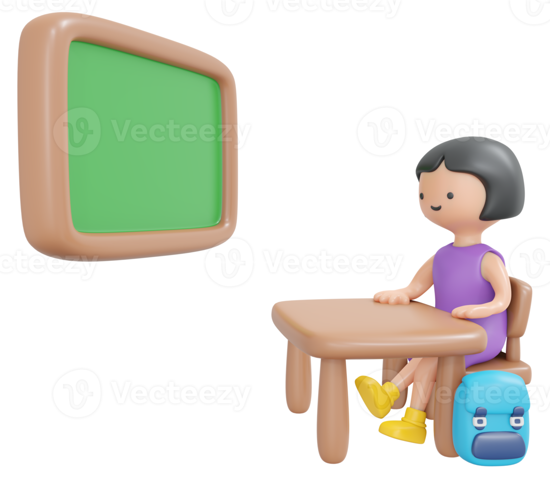 3d renderen gelukkig meisje zittend Aan bureau studie in school- klas met bord tekenfilm stijl. 3d geven illustratie. png