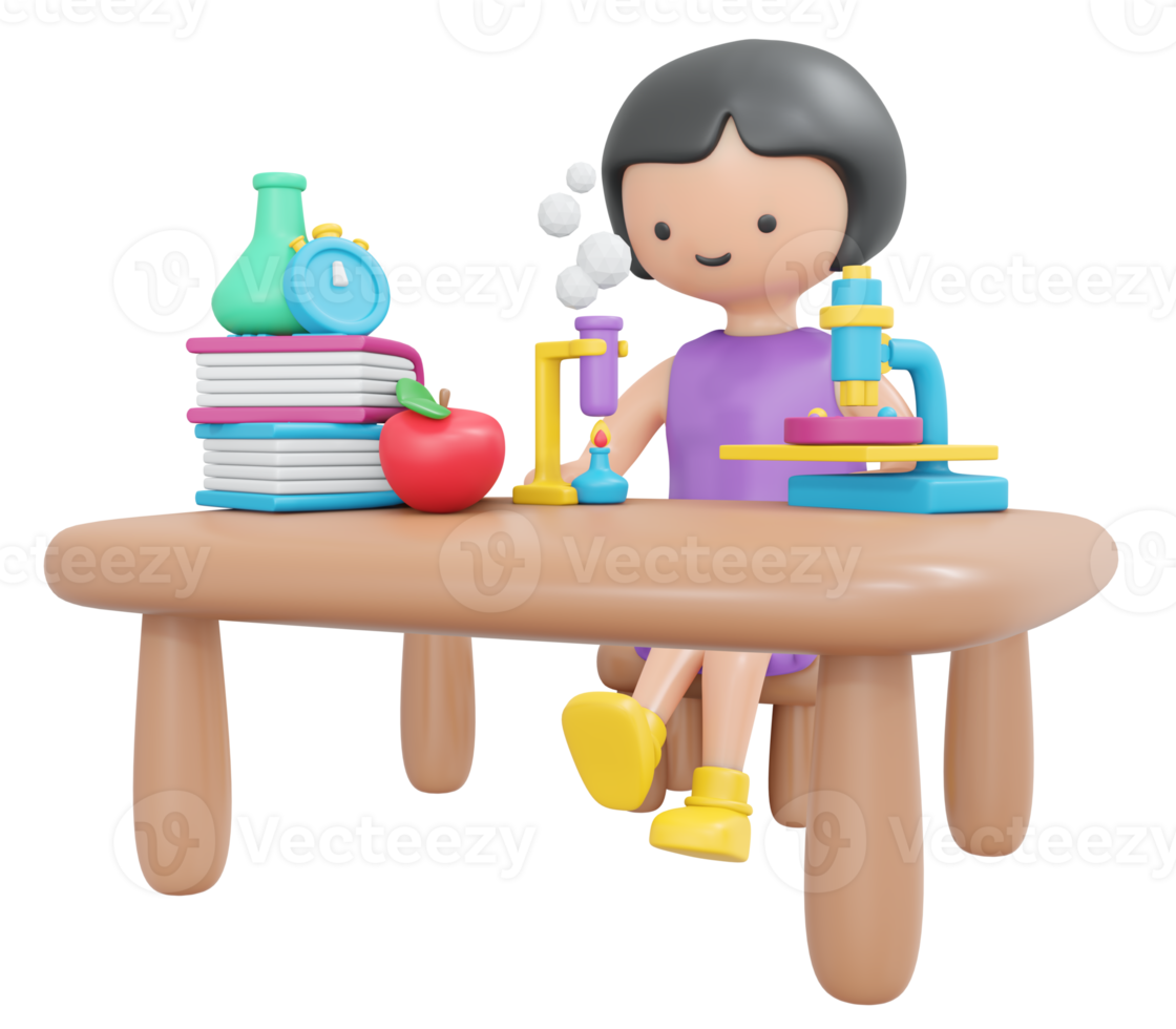 3D Rendering happy girl studying science lab cartoon style. 3D Render illustration. png