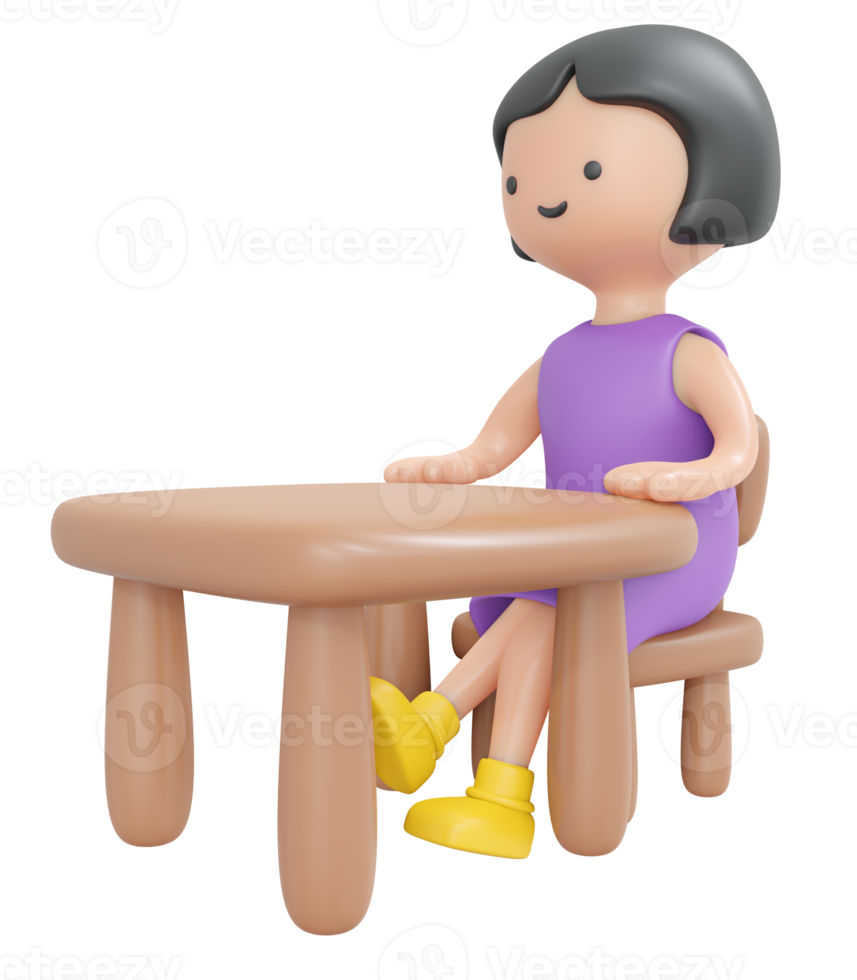 3D Rendering happy girl sitting on desk study in school classroom cartoon style. 3D Render illustration. png