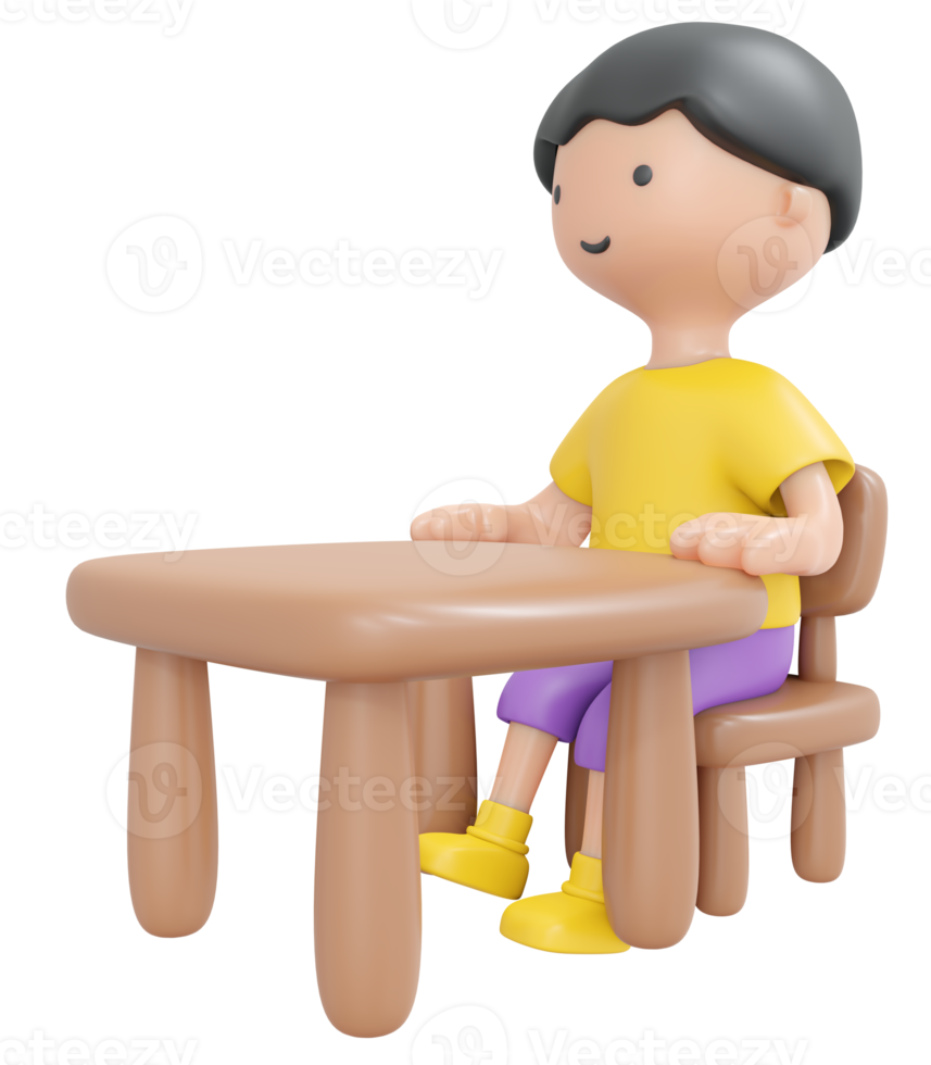 3D Rendering happy boy sitting on desk study in school classroom cartoon style. 3D Render illustration. png