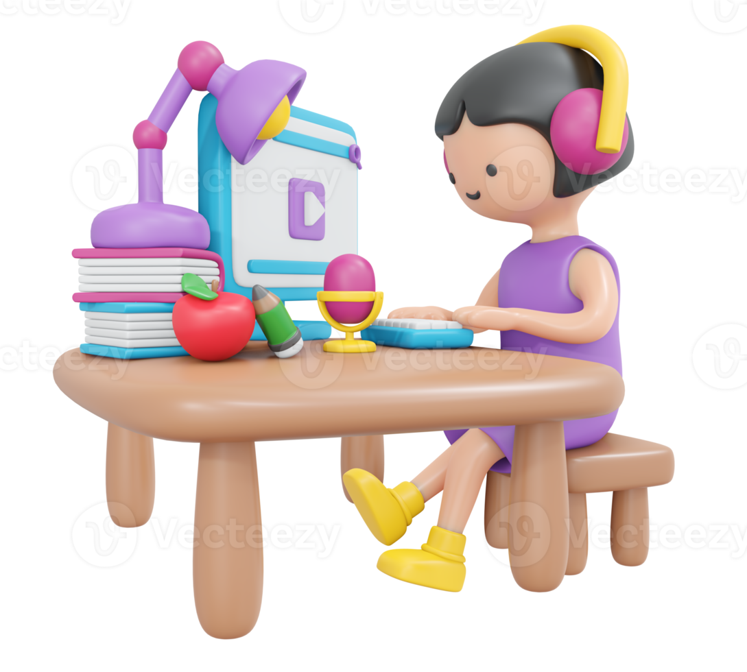 3d representación contento niña sentado en escritorio estudiar en línea en computadora dibujos animados estilo. 3d hacer ilustración. png