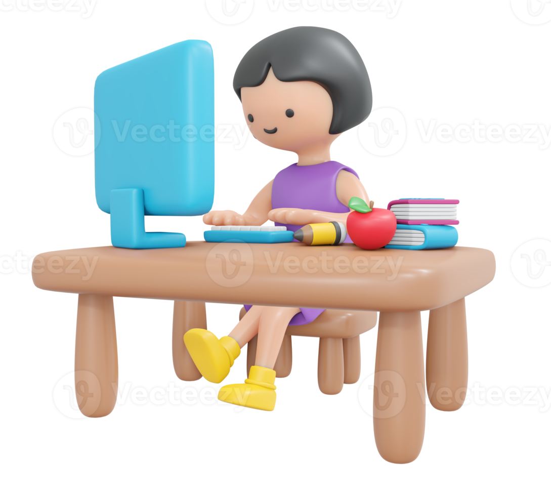 3d interpretazione contento ragazza seduta su scrivania studia in linea su computer cartone animato stile. 3d rendere illustrazione. png