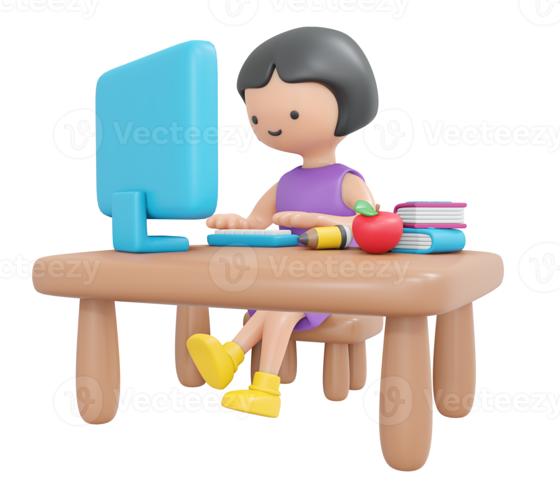3D Rendering happy girl sitting on desk study online on computer cartoon style. 3D Render illustration. png