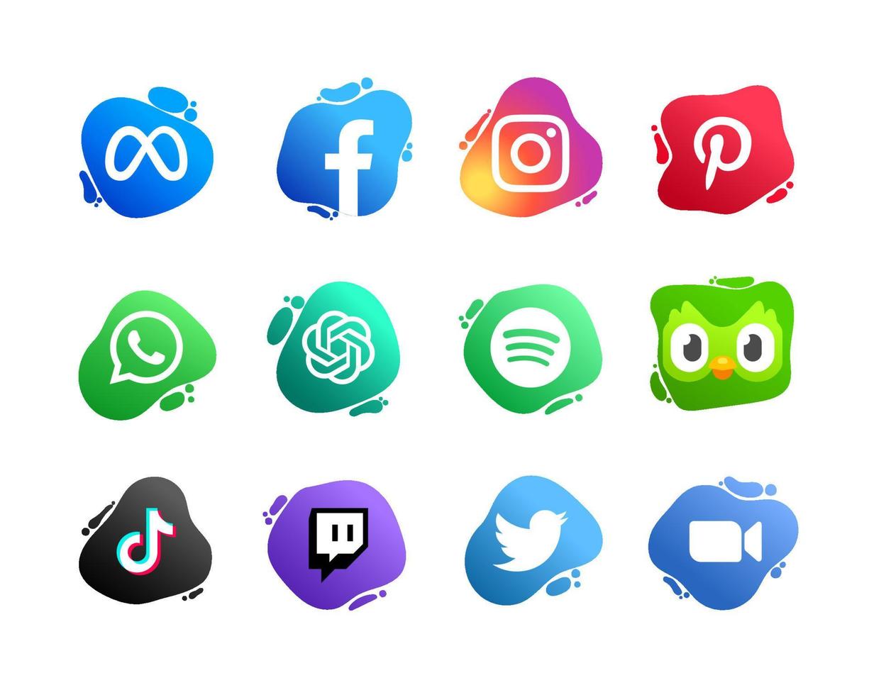 social medios de comunicación y tecnología aplicaciones logo en líquido formas estilo vector