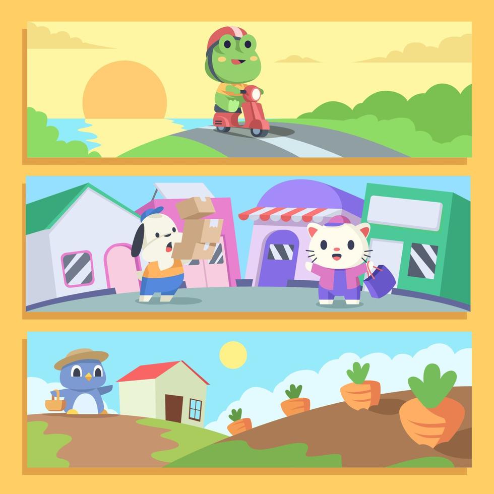 Cute Animal Characters doing Outdoor Activities Banner Set vector