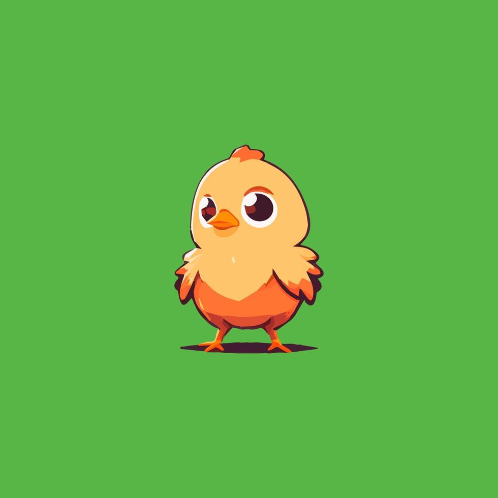 Cute little chicken isolated on green background. Vector cartoon illustration. Little chicken standing bravely.