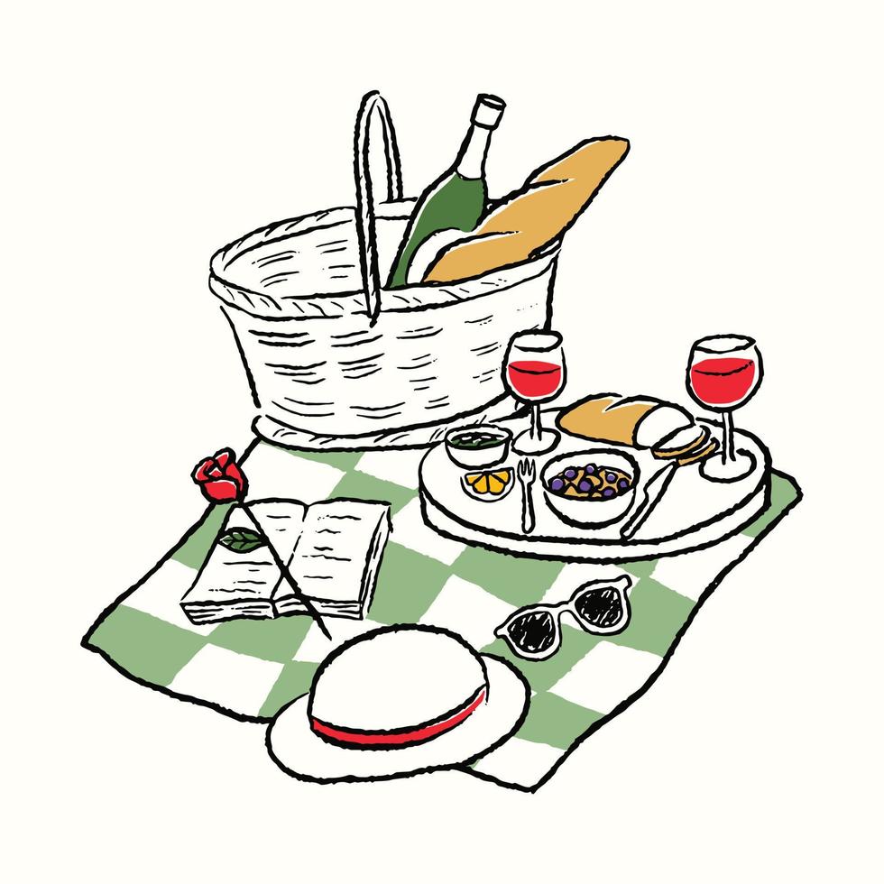 Aesthetic Hand-Drawn picnic scene illustration line art vector