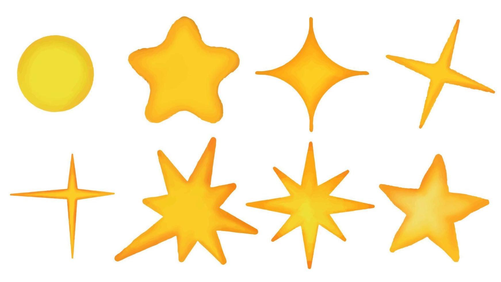 Yellow watercolor sparkle symbol vector set. Bright firework, decoration twinkle, shiny flash.