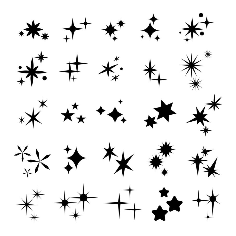 Collection of Stars sparkling, twinkling black silhouettes on a white background vector
