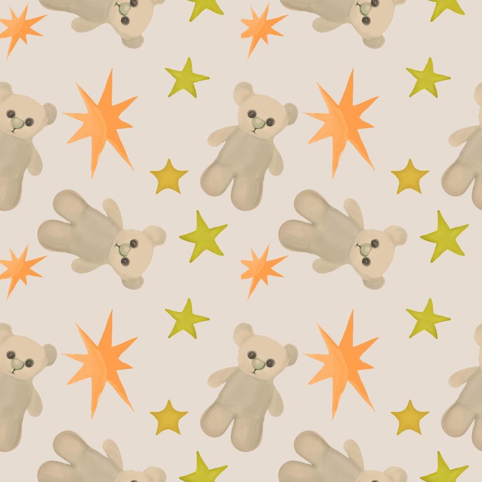 Seamless watercolor background with teddy bears and stars. vector
