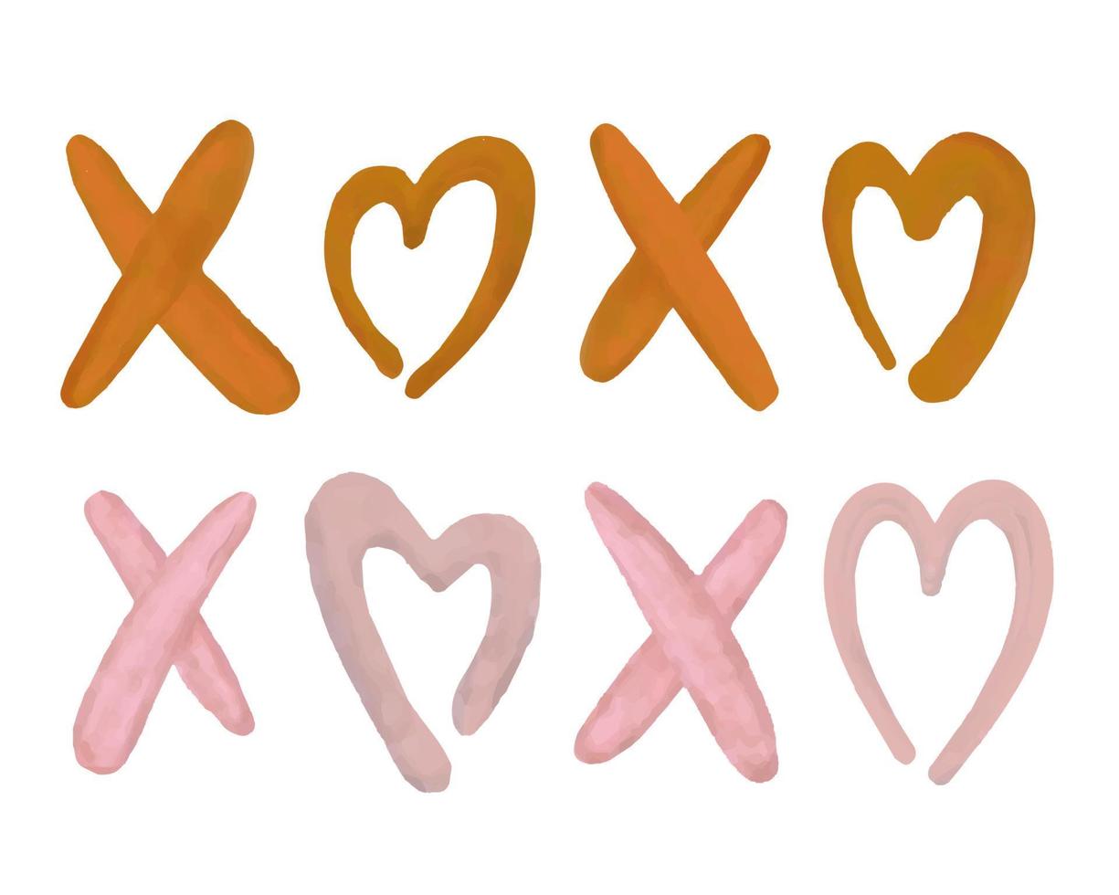 Xoxo watercolor Romantic phrase with sketch heart. Ink lettering design, grunge brush calligraphy. vector