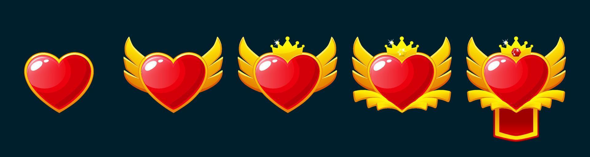 conjunto de juego rango insignias nivel arriba íconos con corazón, clasificación premios vector
