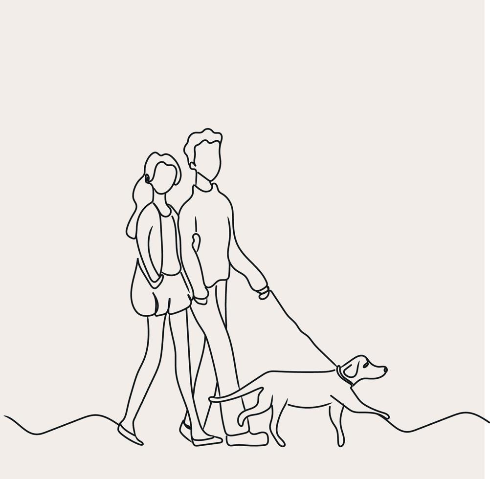 caminando con perro línea arte, Pareja amigos contorno dibujo, sencillo bosquejo, vector ilustración