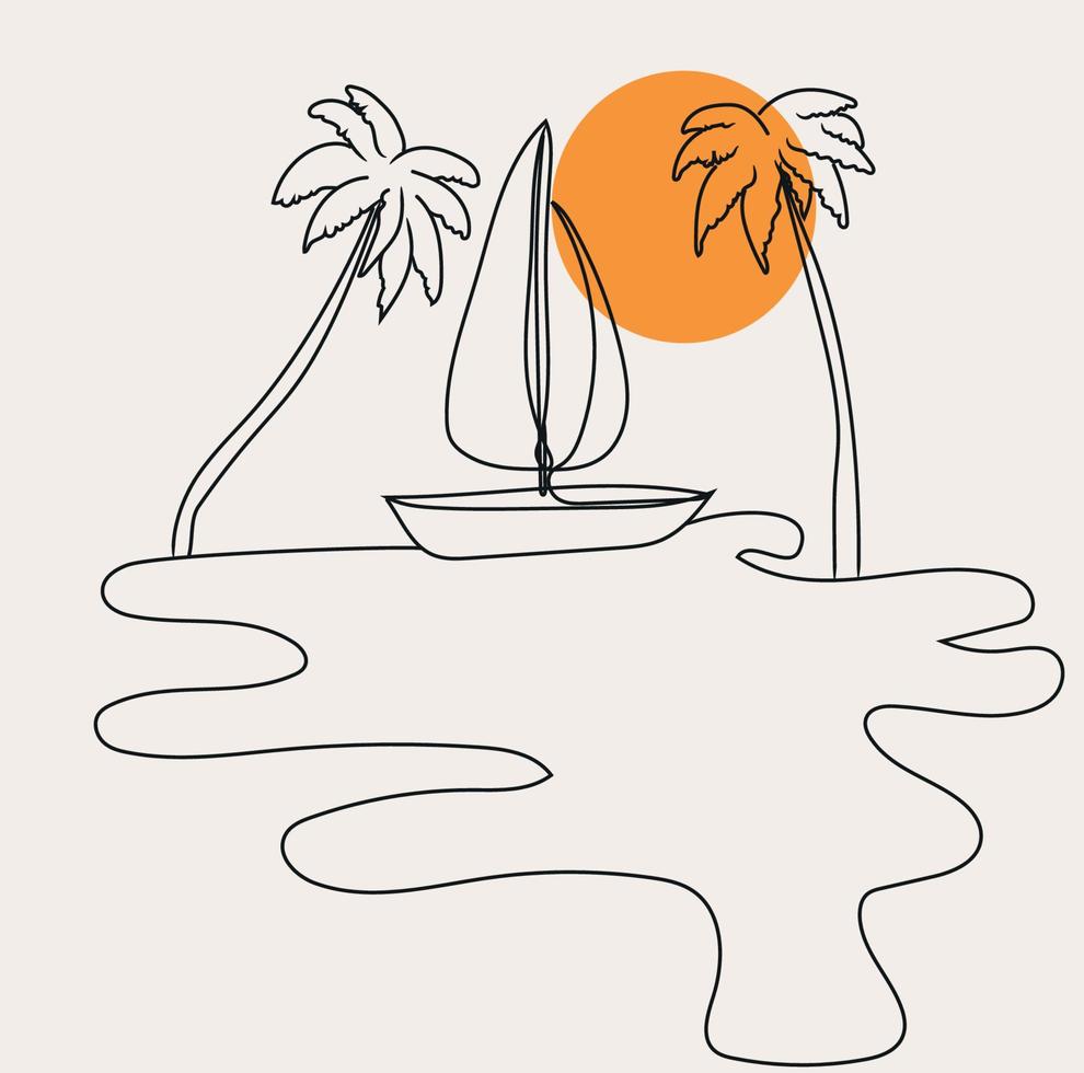 minimalista paisaje línea arte, amanecer a playa, puesta de sol contorno dibujo, velero bosquejo, naturaleza escenario, landsacpe vector