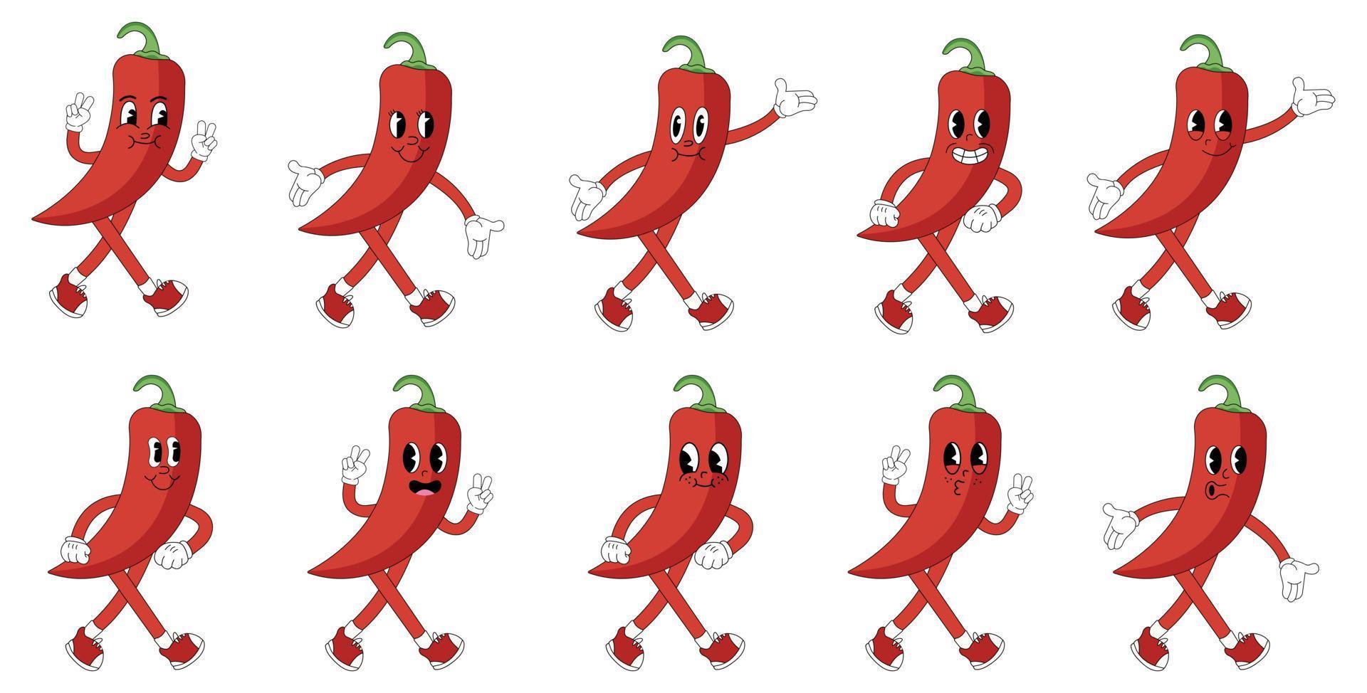 A Set of pepper chili cartoon groovy stickers with funny comic characters, gloved hands vector
