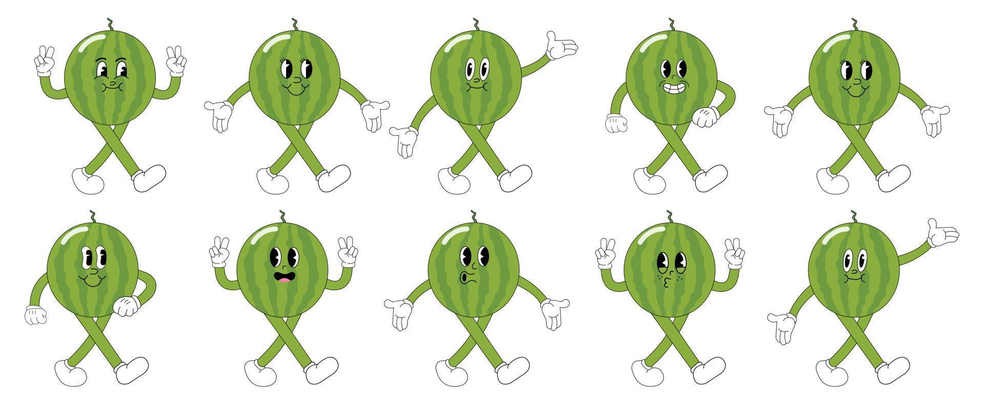 A Set of watermelon cartoon groovy stickers with funny comic characters, gloved hands vector