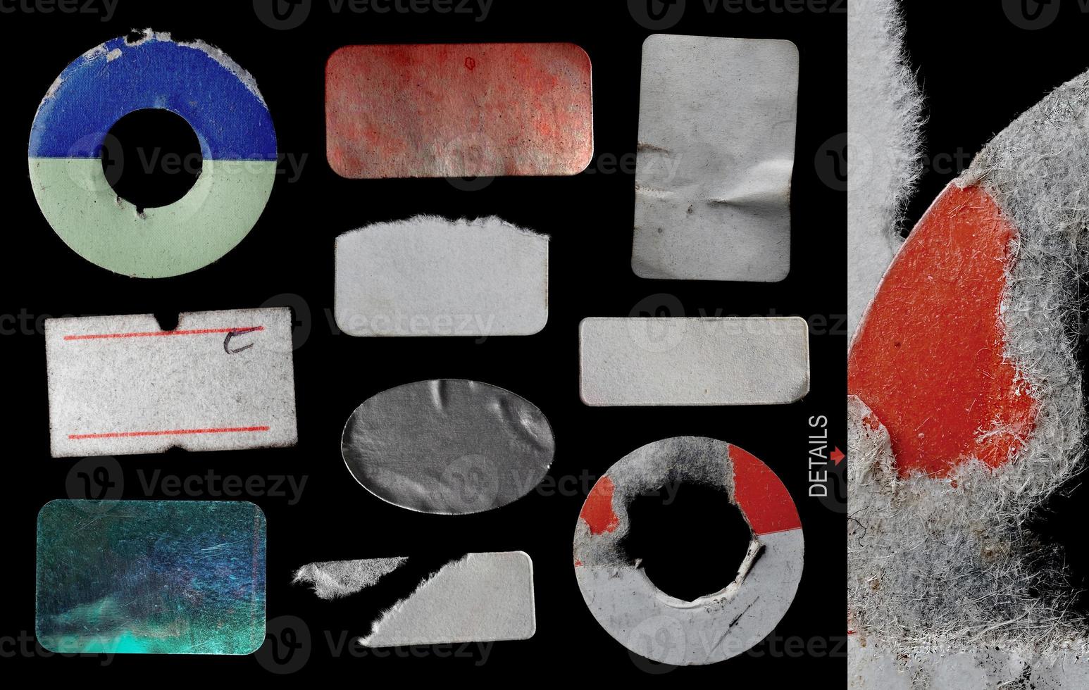 Blank sticker collection for a mockup isolated on black background. Old, torn and dirty sticker pack photo