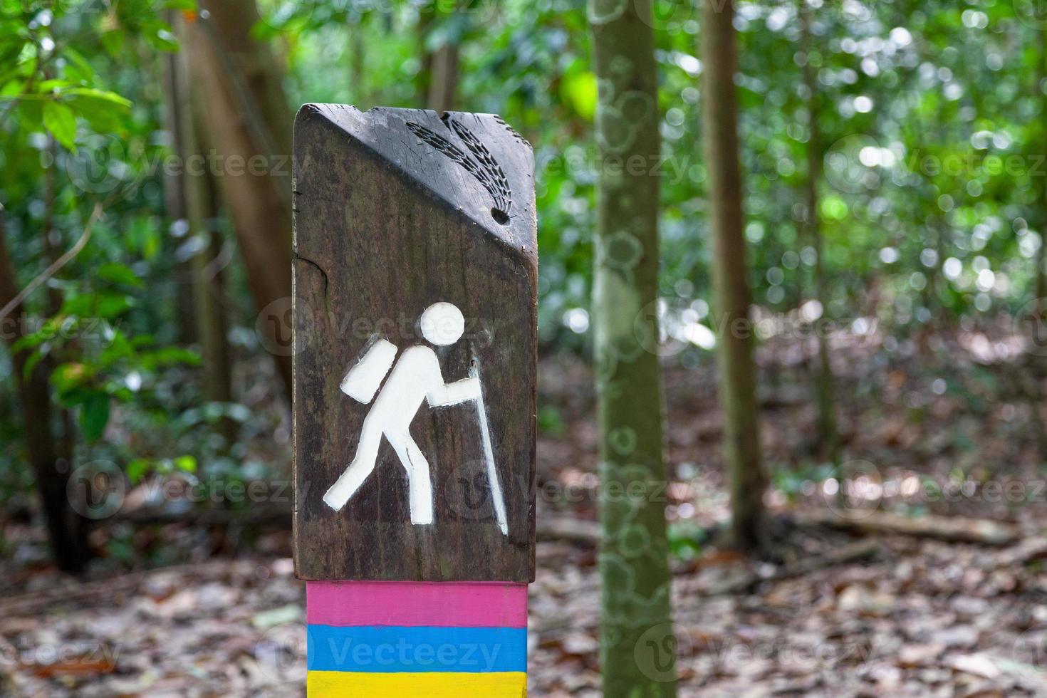 Hiking sign painted on a wooden pole photo