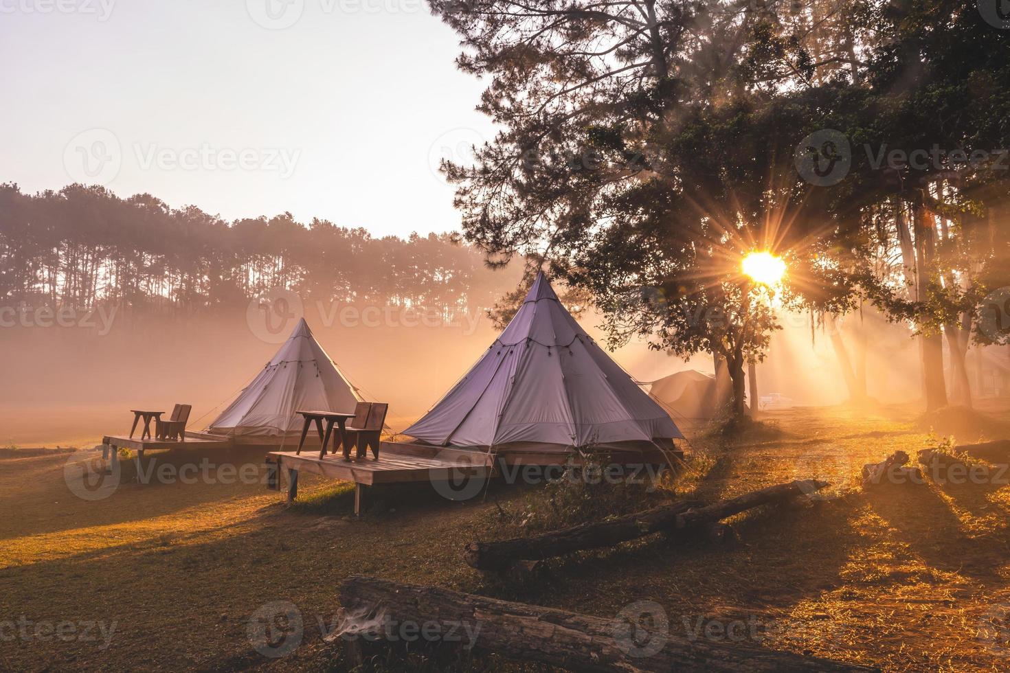 Tent camping in the morning . At Thung Salaeng Luang National Park Phetchabun Province, Thailand photo