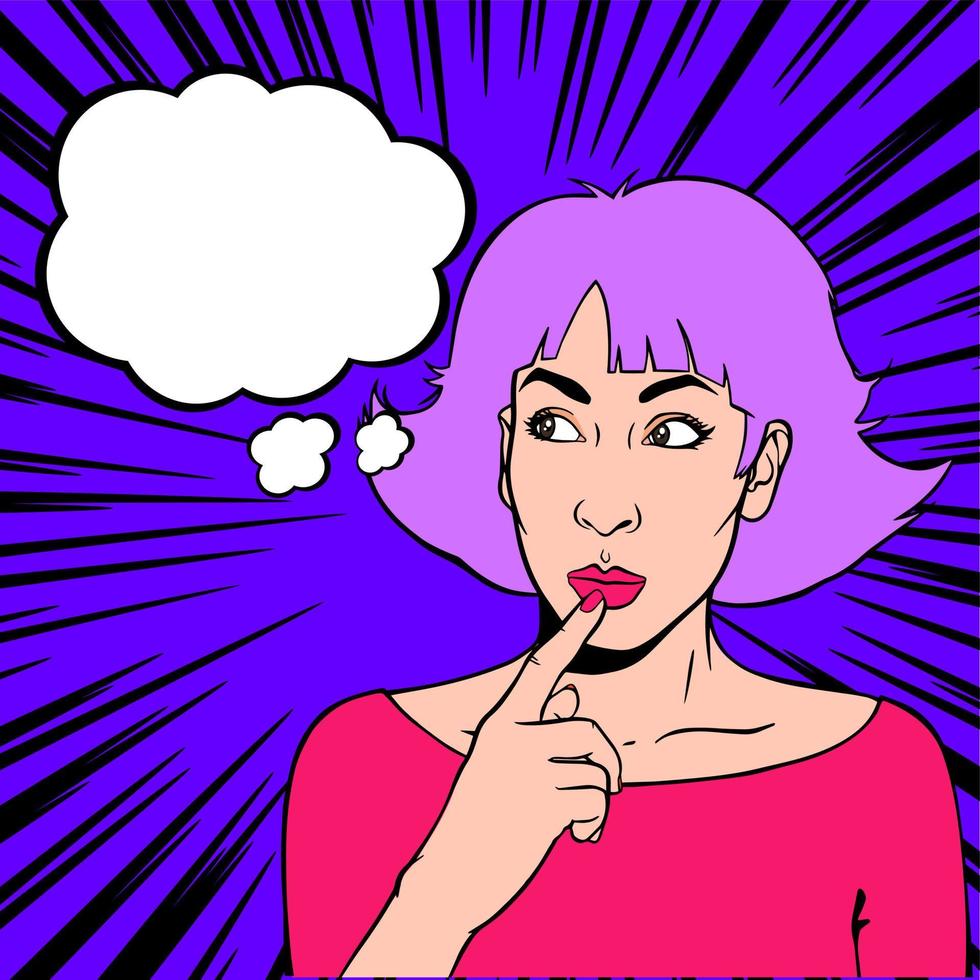 Pop Art Young Beautiful with purple hair Thinking. Vector illustration style