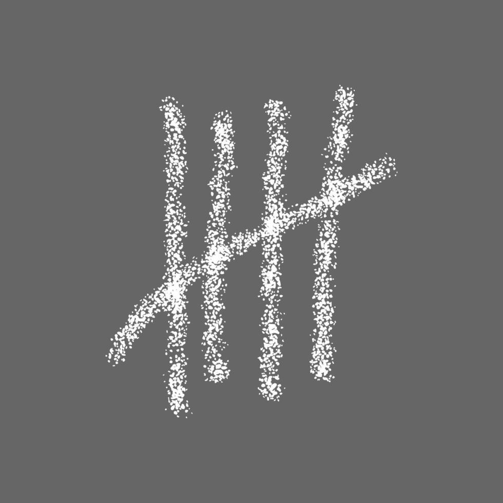 White chalk drawn tally mark on gray background. Four handdrawn sticks crossed out by slash line. Counting stripes on chalkboard. Unary numeral system sign vector