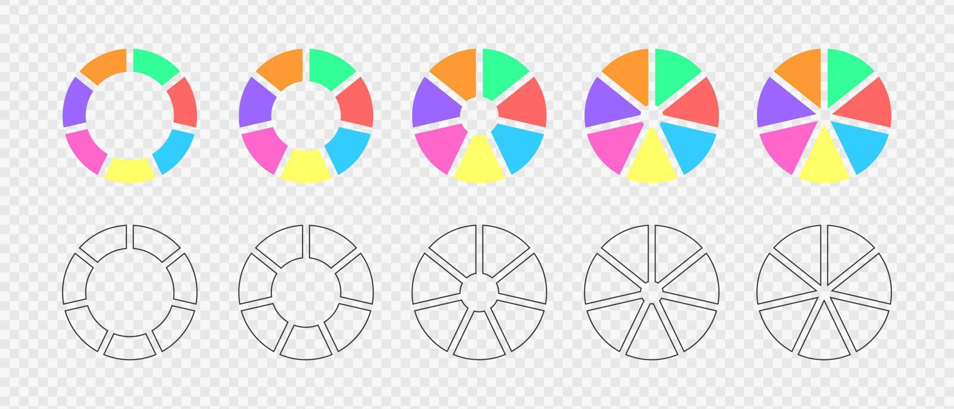 Donut charts divided in 7 multicolored and graphic segments. Infographic wheels set. Round diagrams or loading bars cut in seven equal parts vector