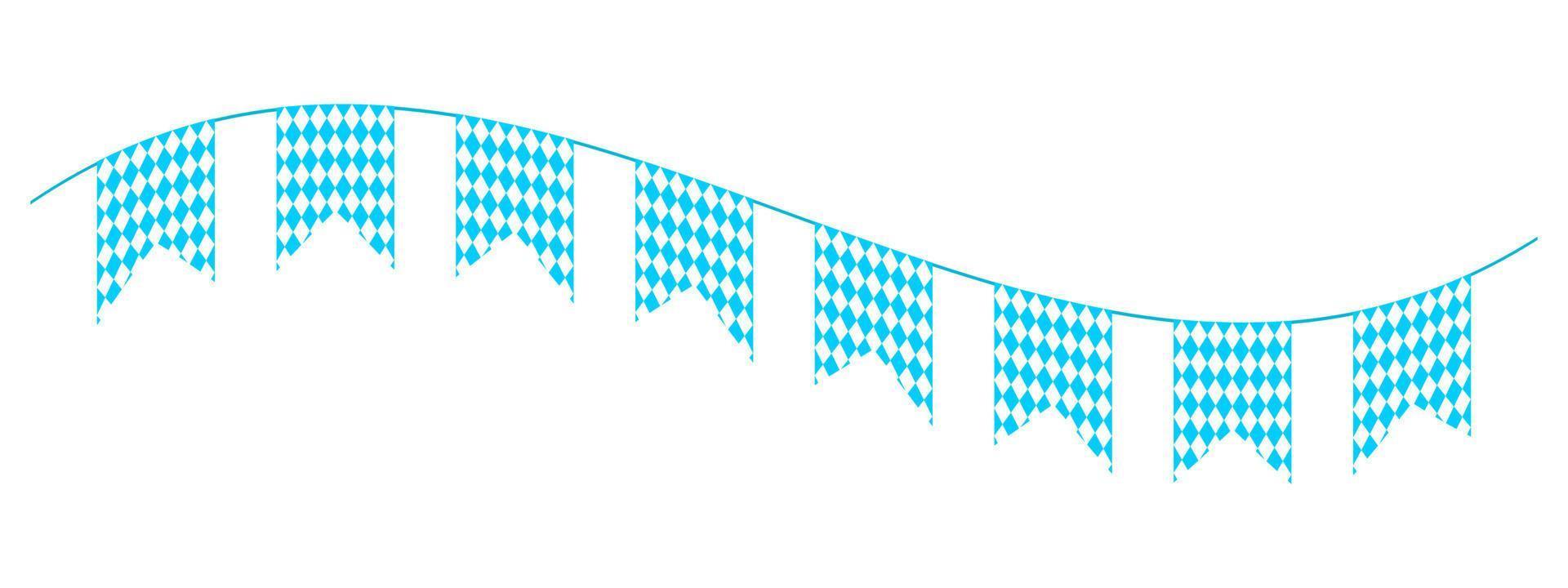 Waving Oktoberfest bunting in Bavarian flag colors. Garland for traditional German beer fest with blue and white rhombus. Decoration for party, invitation card, poster vector