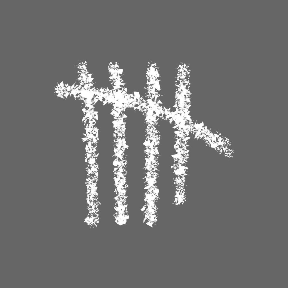 Chalk hand drawn tally mark. White sticks sorted by four and crossed out by slash line. Counting stripes on chalkboard or jail wall. Unary numeral system sign on gray background vector