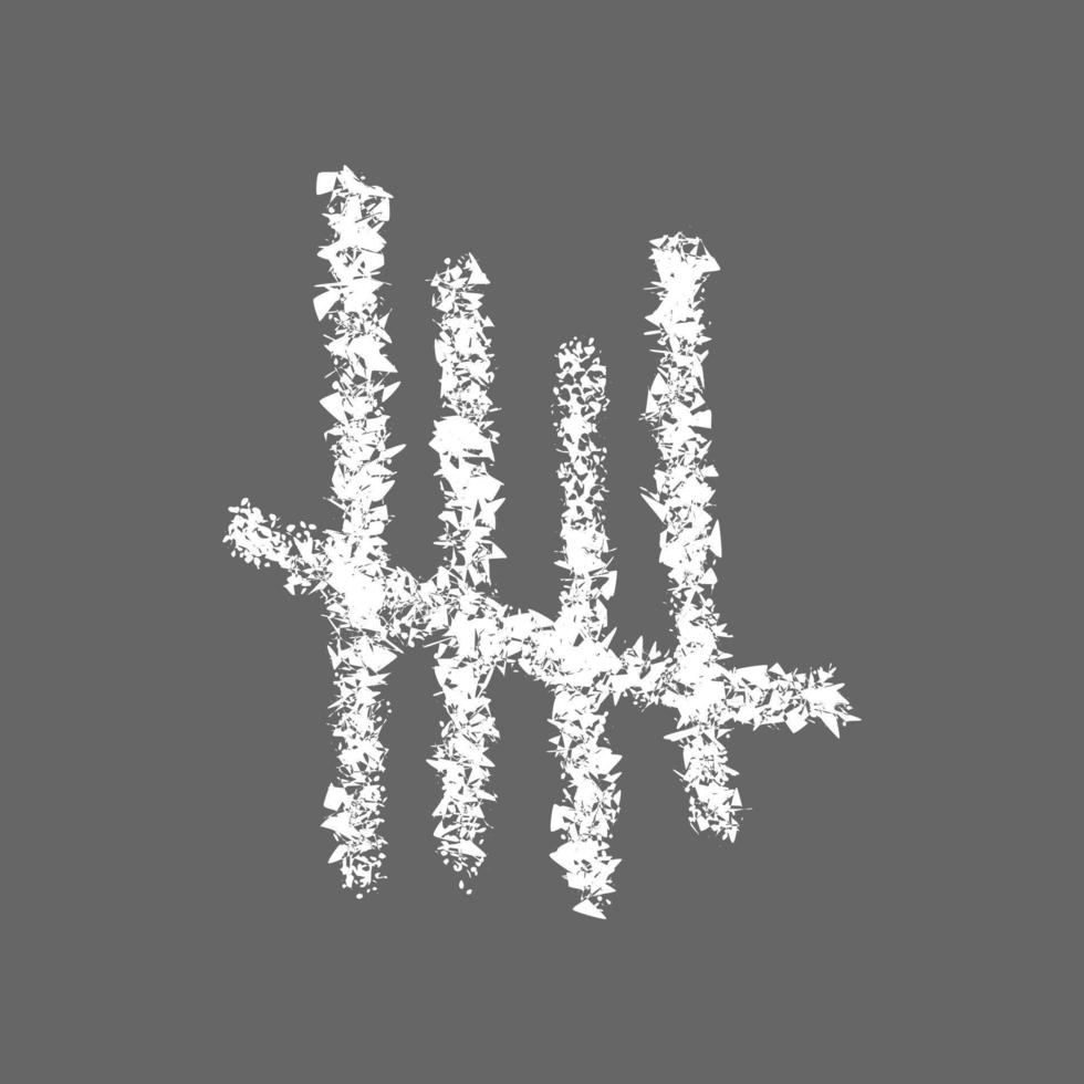 Chalk drawn tally mark on gray chalkboard background. Four white hand drawn sticks crossed out by slash line. Unary numeral system symbol of number 5 vector