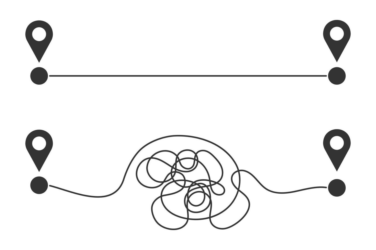 Derecho y curvo rutas desde comienzo a terminar mapa patas señales. fácil y difícil forma, ideal y real plan, rápido y lento entrega concepto vector