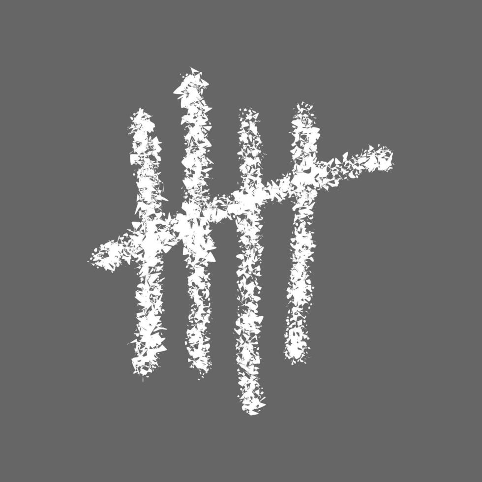 Chalk drawn tally mark. Counting sticks on chalkboard. Four white stripes crossed out by slash line. Unary numeral system sign on gray background vector