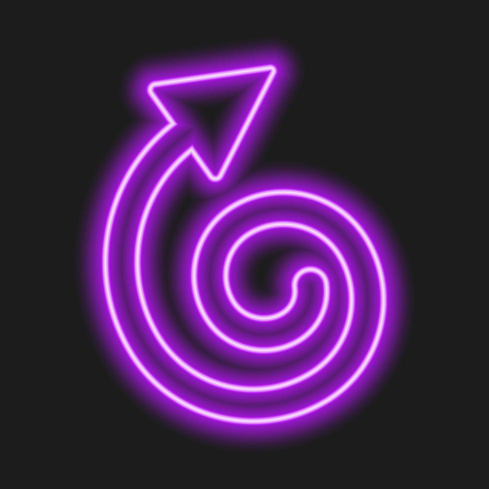 Shining purple neon repeat arrow on dark background. Illuminating symbol of refresh, restart, exchange, rotation vector