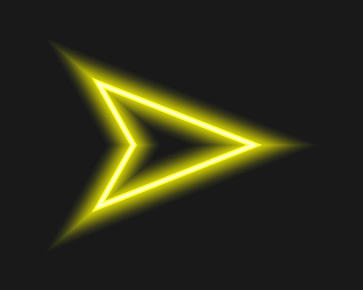 Bright neon cursor arrow on dark background. Lightning yellow direction or pointer sign vector