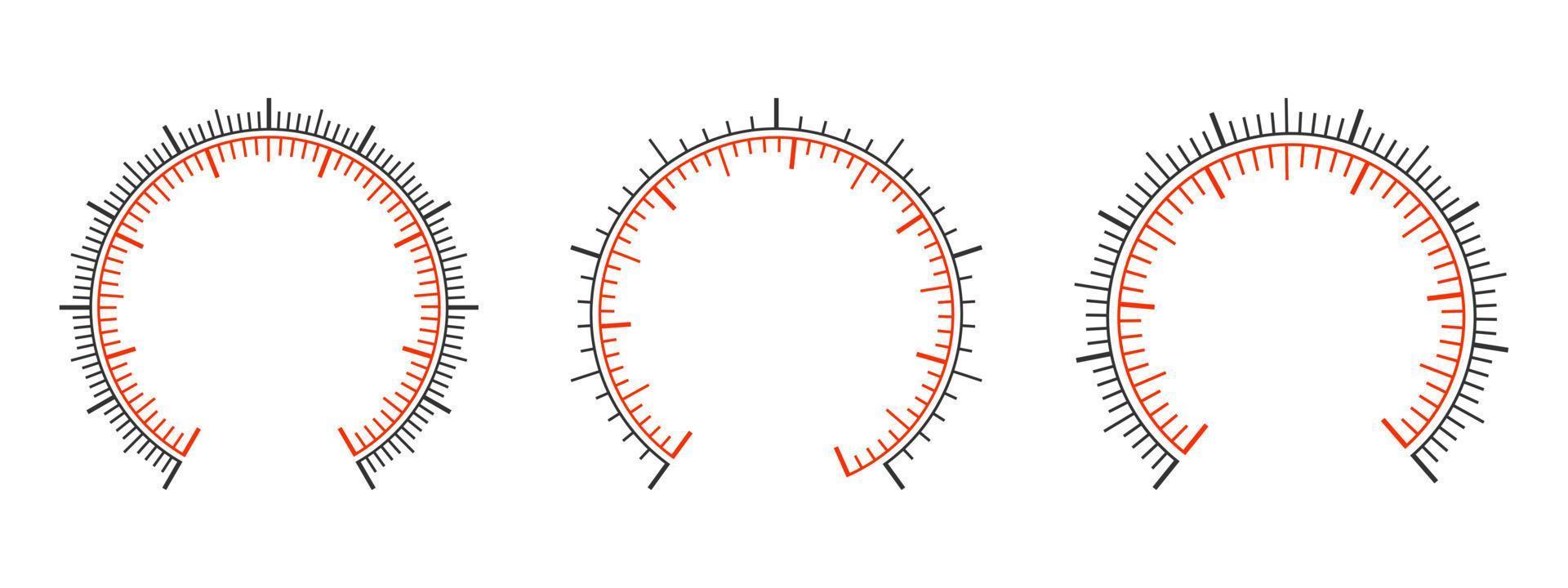 Set of measuring dashboard templates with two round charts. Manometer, barometer, speedometer, pressure meter, tonometer, thermometer, navigator or indicator tool interface vector