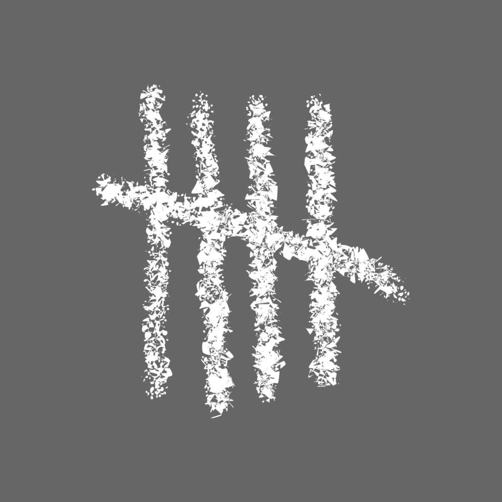 Chalk drawn tally mark sign. Four hand drawn sticks crossed out by slash line isolated on gray background. White counting stripes on chalkboard. Unary numeral system vector