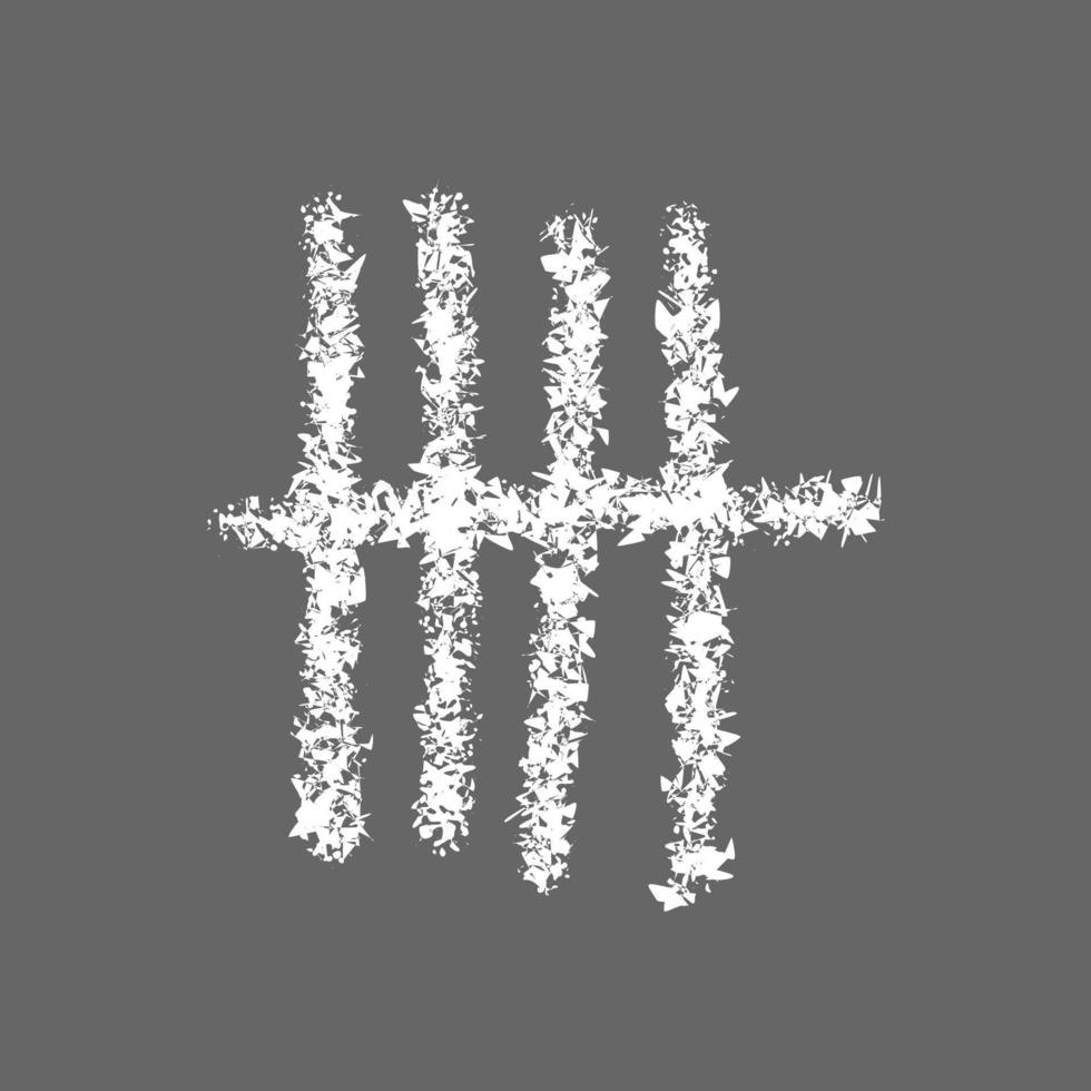 Chalk drawn tally mark symbolized number 5 in unary numeral system. White hand drawn counting sticks on gray chalkboard vector