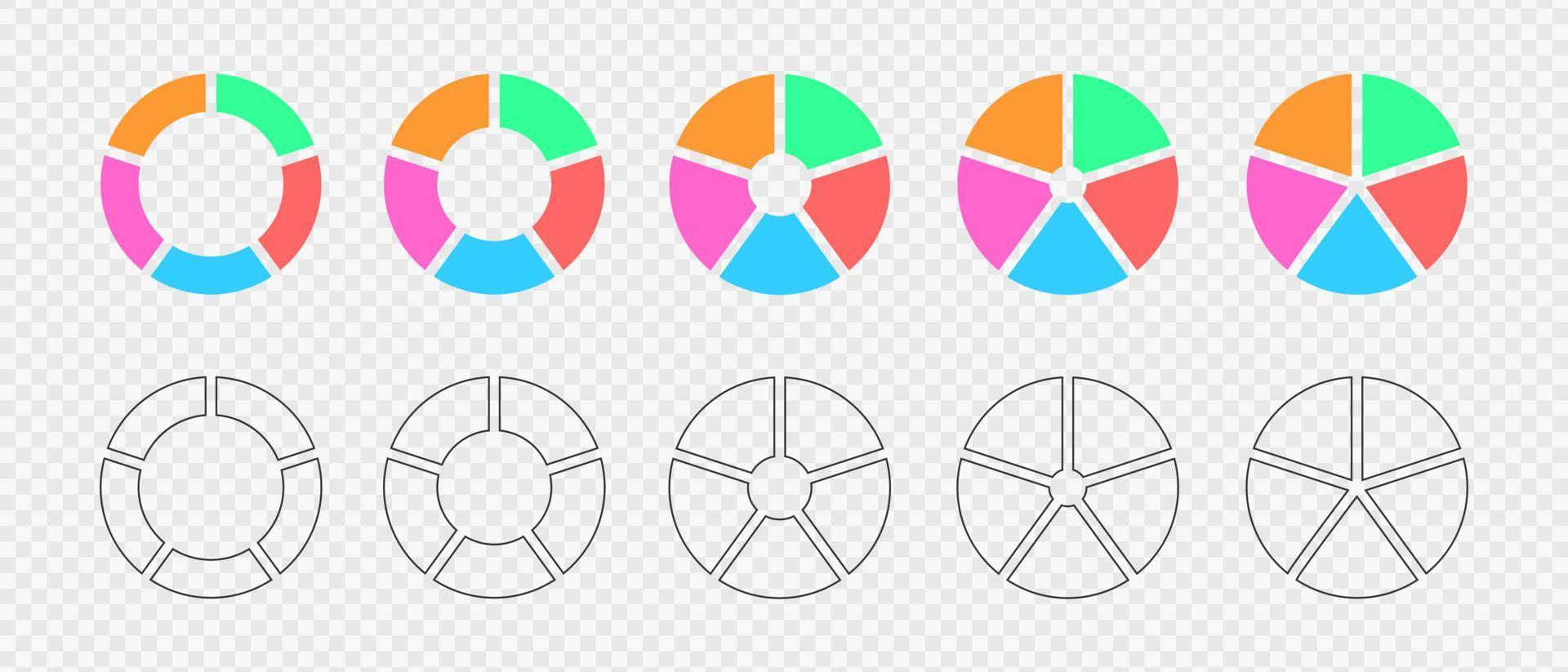 Donut charts. Set of infographic wheels divided in 5 multicolored and graphic sections. Circle diagrams or loading bars. Round shapes cut in five equal parts vector