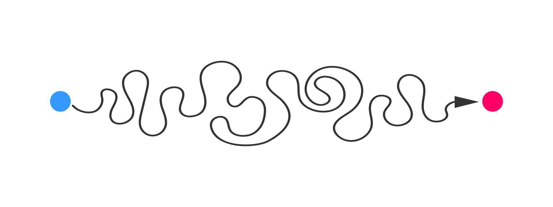 Curved line from start to finish points. Difficult way, chaotic path, hard route, challenge symbol vector