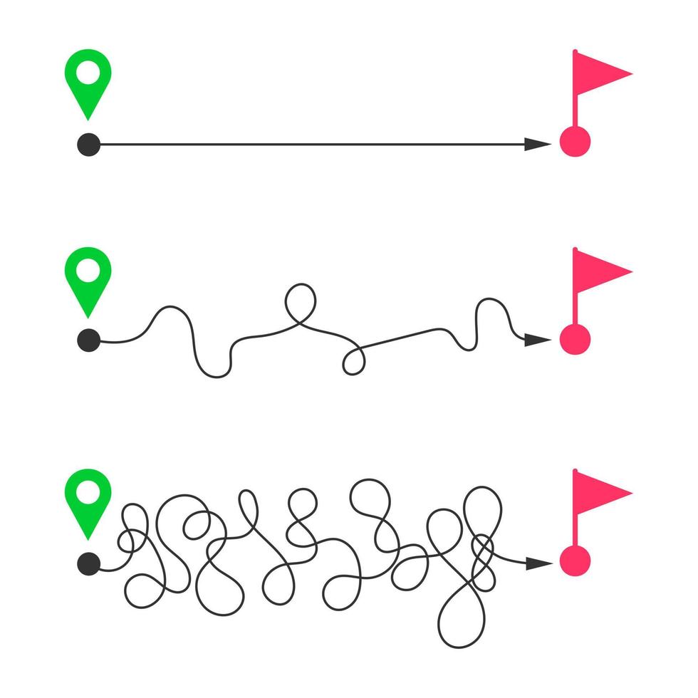 Straight and curved lines from start map pins to finish flags. Fast and slow delivery, easy and hard way, short and long path, ideal and difficult life, goal achieving levels vector