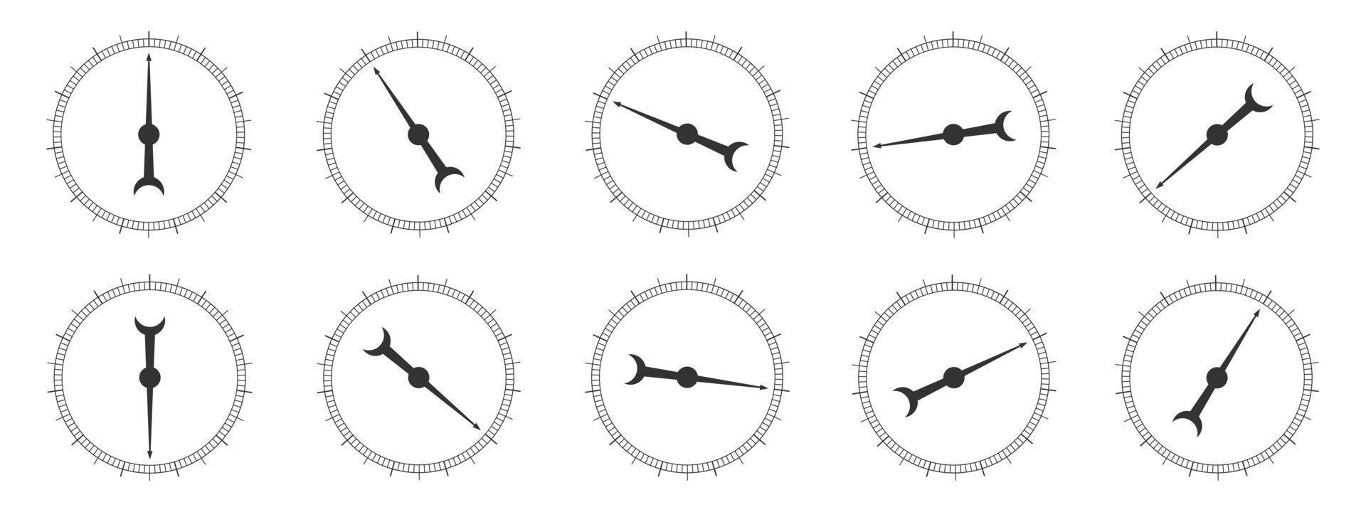 conjunto de redondo medición escamas con giratorio flechas colección de 360 la licenciatura de barómetro, Brújula, transportador, circular regla herramienta modelo vector