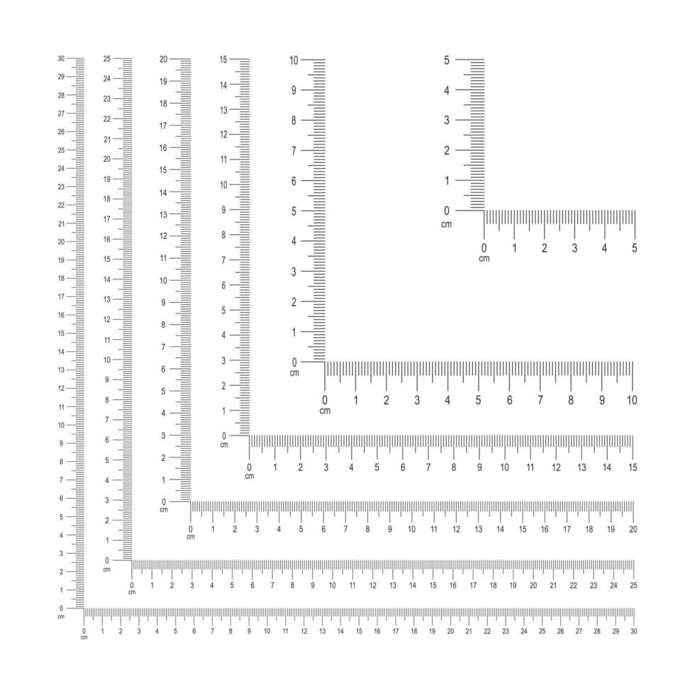 conjunto de esquina regla plantillas con centímetros y milímetros margen y números. medición herramienta con 5, 10, 15, 20, 25, 30 cm vertical y horizontal líneas vector