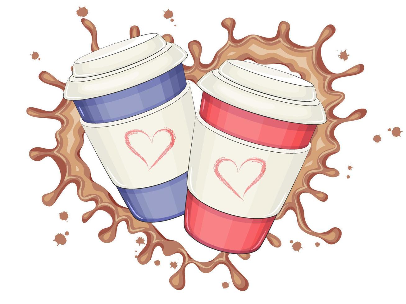 Two cups of coffee, coffee splashes in the shape of a heart. Vector illustration. Cartoon style.