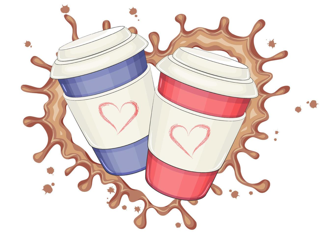 Two cups of coffee, coffee splashes in the shape of a heart. Vector illustration. Cartoon style.