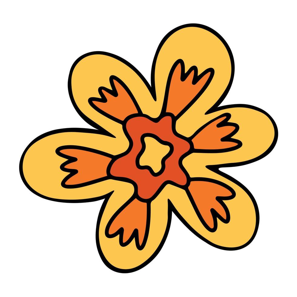 Clásico vistoso margarita flor ilustración miedoso vibrante amarillo retro ambiente 70s y 60s flor vector