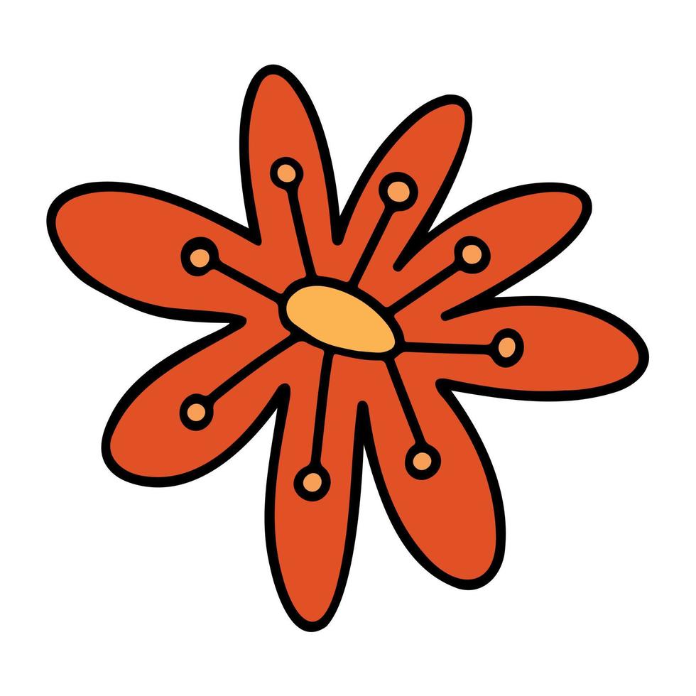 Retro colorful daisy flower illustartion. Vintage fancy orange flower 70s and 60s vector
